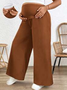 Plussiva Pantalones anchos versátiles y casuales de unicolor con cintura ajustable para maternidad de talla grande - Marrón - Ver 1