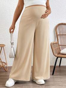 Plussiva Plus Size Maternity Solid Color Comfortable Casual Soft Form Adjustable Waist Wide Leg Pants Dates Summer - Apricot - View 3