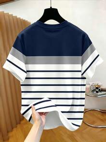 Manfinity Hypemode Men's Retro American Style Striped Navy Contrast Patchwork Embroidery Casual Loose Crew Neck T-Shirt - Multicolor - View 2