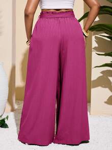 Slaydiva Plus Size Women Casual & Holiday & Minimalist & Colorful Textured Striped Green Straight Leg Pants - Red Violet - View 2