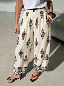 Lavishia Pantalones casuales y holgados con estampado total para vacaciones de mujer - Blanco y Negro - Ver 7