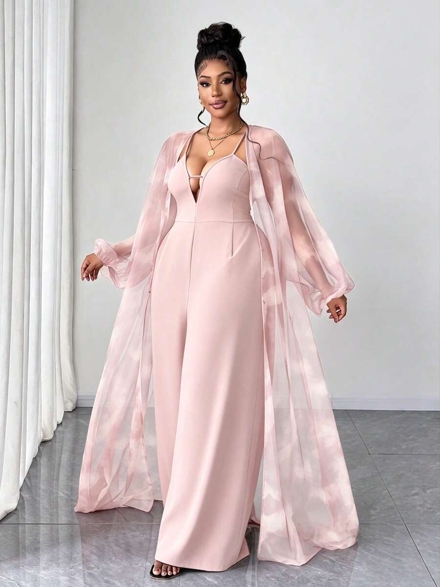 Maweii Jumpsuit Dua Potong Elegan Ukuran Plus Motif Dusty Rose dan Hot Pink untuk Acara Formal Pernikahan dan Musim Panas. - MultiWarna - View 1