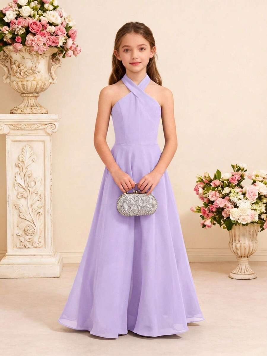 Pitira 11歲少女夏季優雅掛脖洋裝 花童婚禮派對禮服 正式禮服 適合畢業告別式 7年級舞會禮服 - 淡紫色 - 查看 1