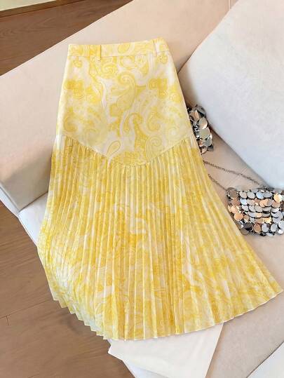 Selianne Women's Elegant Pleated Hem Skirt With Casual Cashew Pattern