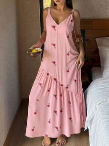 DAZY Floral Print Sleeveless Dress, Vacation Style Summer Nightgown For Women Pajamas - Pink - View 3