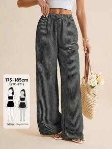 SHEIN Tall Quần nữ ống đứng dáng rộng kẻ sọc, cạp chun, kiểu dáng thường ngày. - Màu xám đen - Xem 8