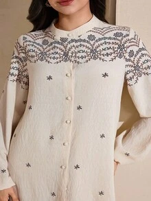 Graceveil Plus Size Mandarin Collar Front Button Elegant Matching Modest 2 Pieces Set, Long Sleeve Family Thailand Holiday Beige White - Apricot - View 7