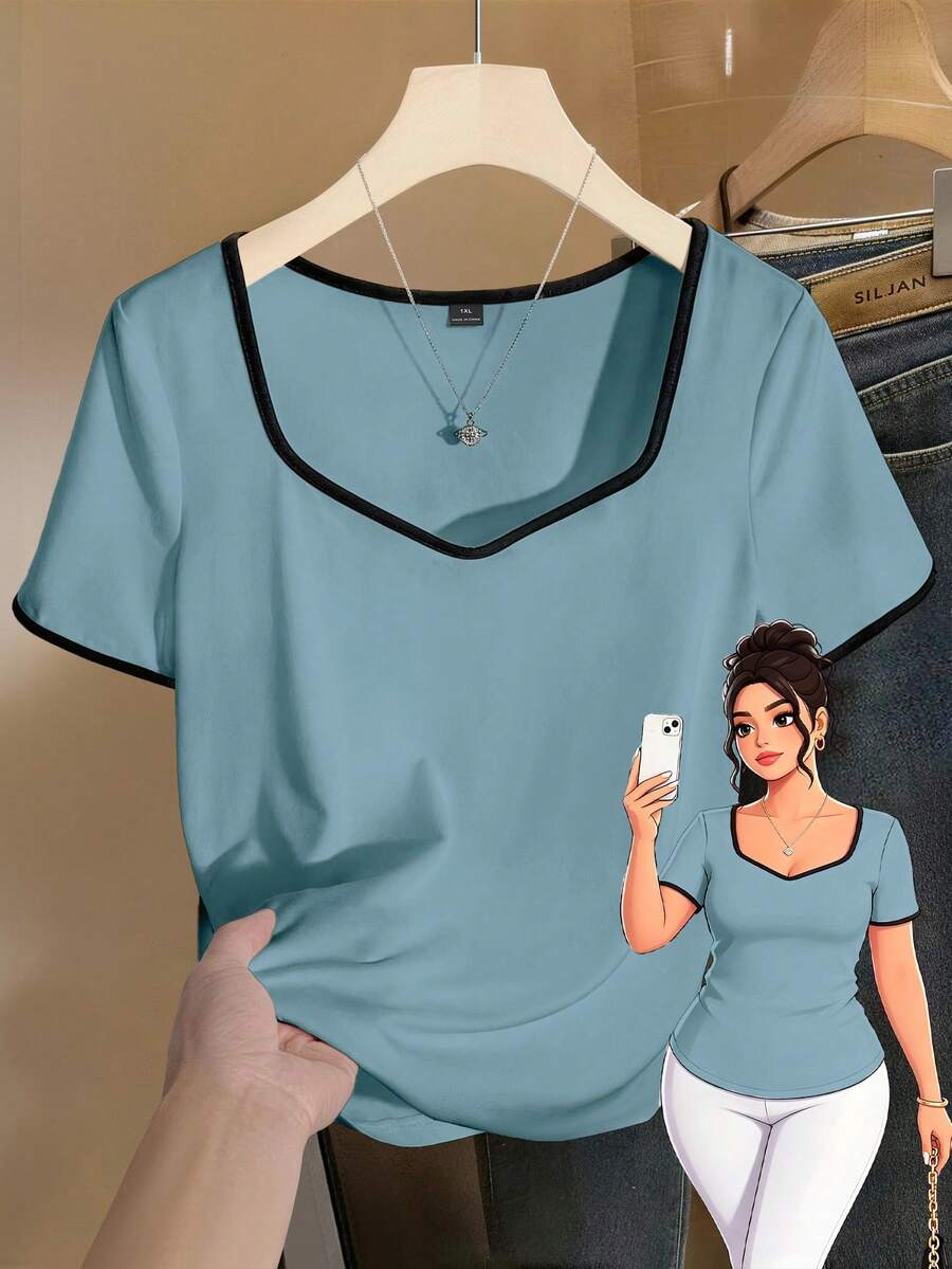 GlowEve CURVE Plus Size Casual Elastic Short Sleeve Contrast Color T-Shirt, Suitable For Spring/Summer Commute And Daily Wear - Dusty Blue - View 1