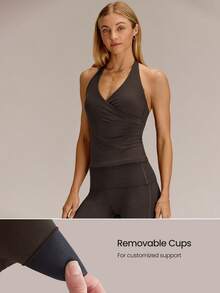 GLOWMODE Áo tank top FeatherFit™ thoáng khí, nhẹ, dài đến eo, có lưới bên hông, kiểu dây buộc chéo nâng ngực và mút độn chống trượt có thể tháo rời, thích hợp cho tập yoga, pilates và mặc hàng ngày. - màu nâu - Xem 4