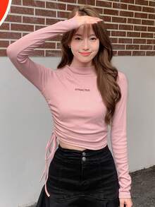 DAZY Letter Graphic Drawstring Side Mock Neck Tee,Fall Clothes Long Sleeve Women Tops - Pink - View 13