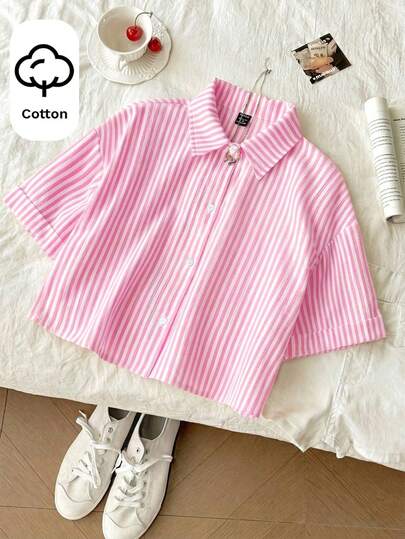 SHEIN Tween Girl Casual Daily Fashion Yellow & Black Striped Loose Short Sleeve Shirt