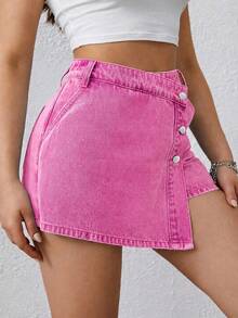 SHEIN ICON 大码女式高腰复古不对称搭扣牛仔短裙 - 粉色 - 查看 4