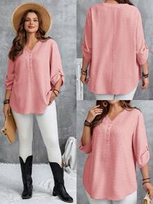 EMERY ROSE Camisa casual con botones y media cartera para mujer de talla grande - Rosa - Ver 9