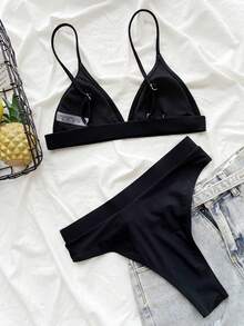 Swim Basics Summer Beach Solid High Waisted Bikini - Black - View 3