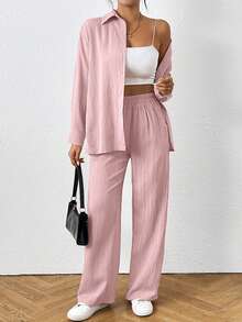 SHEIN PETITE Setelan Wanita 2 Potong: Atasan Lengan Panjang Kancing Depan Warna Polos dan Celana Pinggang Elastis, untuk Wanita Bertubuh Mungil - Baby Pink - View 4
