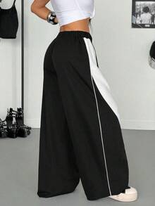 StreetHx 女士休闲街头风黑白撞色运动慢跑裤 - 黑與白 - 查看 2