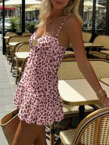 SHEIN EZwear Women's Vintage Tropical Sleeveless Mini Dress,Pink Leopard Print,Summer,Casual,Holiday,Vacation,Pleated Layered Ruffle Hem Elegant French Beach Style - Pink - View 6