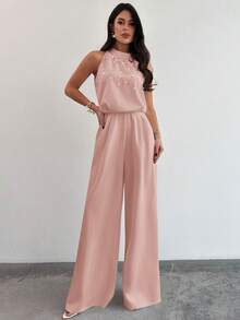 Firerie Women's Elegant Dusty Pink Summer Sleeveless Mandarin Collar Pearl Embellished Slim Fit Wide Leg Jumpsuit,Party Office Wear Wedding Guest Outfit - Baby Pink - View 6