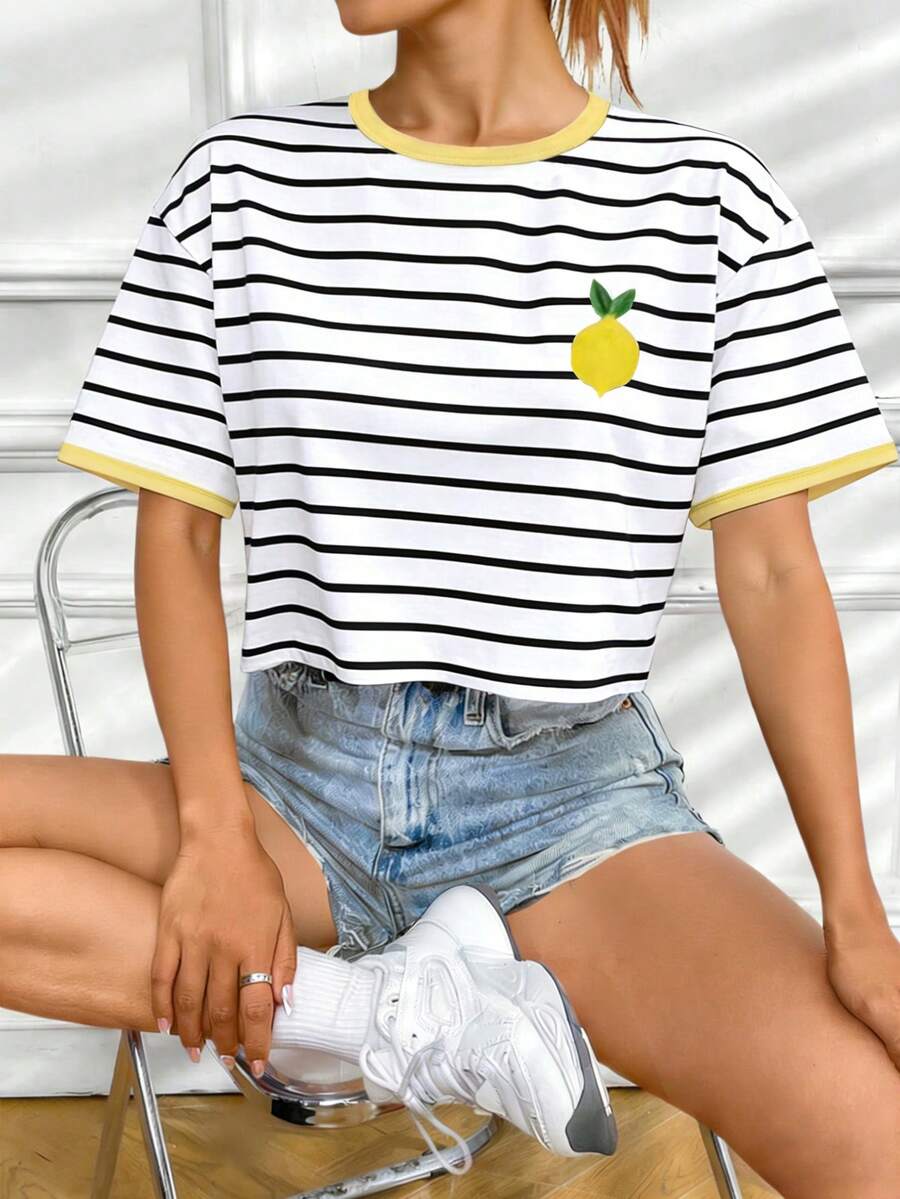 INAWLY Kaos Wanita Kasual Bergaris Motif Lemon Lengan Pendek Leher Bulat, Musim Panas - Putih - View 1