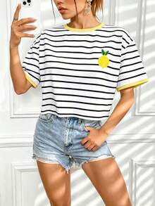 INAWLY Kaos Wanita Kasual Bergaris Motif Lemon Lengan Pendek Leher Bulat, Musim Panas - Putih - View 3