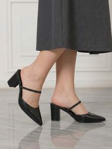 Sleekvia Women's New Chunky Heel Pointed Toe High Heels, PU Material, Simple Commuter Style - Black - View 4