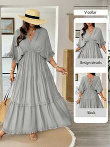 Vionelle Vestido regular con volantes y unicolor de estilo francés, talla grande, primavera/verano - Gris - Ver 1