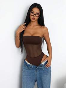 SHEIN PETITE 女款純色網紗拼接緊身連身衣，性感無袖修身，適合嬌小女性 - 鏽棕色 - 查看 3