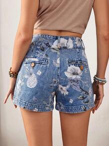 SHEIN LUNE Shorts vaqueros casuales de mujer con estampado floral, cintura alta y bolsillos en diagonal - Azul - Ver 9