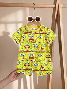 SpongeBob SquarePants | SHEIN Baby Girl Versatile Round Neck Short Sleeve Romper - Yellow - View 4