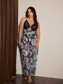 Slumberist Plus Size Women Sexy Sleepwear Set With Mesh Floral Print Patchwork Faux Silk And Lace Trim Camisole And Pajama Pants - Multicolor - View 1