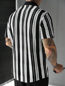 SLATEMANN Men's Casual Mesh Patchwork Street-Style Shirt - Black and White - View 2