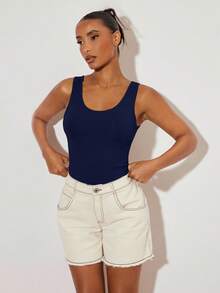 SHEIN BASICS 女款休閒露背基本款優雅簡約純色極簡主義背心，海軍藍，適合夏季日間度假居家室內日常穿著 - 藏蓝色 - 查看 4