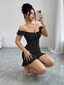 Elegante y sexy vestido ajustado con estampado floral francés y volantes en el bajo, adecuado para citas, vacaciones y uso diario - Negro - Ver 4