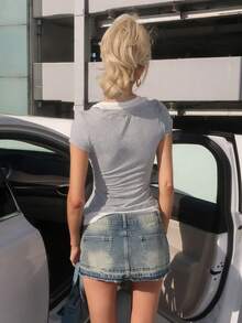 Sydney Algeri Chic Contrast Color Patchwork 2 In 1 Design T-Shirt, Figure-Flattering Summer - Grey - View 2