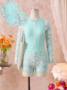 SHEIN Tween Girls Long Sleeve Rash Guard Set,Mint Green,Cute Daisy Print 2pcs Swimwear With Zipper,Modest Bathingsuit For Summer,Holiday,Beach,Pool,Party - Green - View 4
