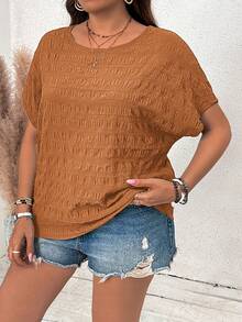 SHEIN VCAY Plus Size Batwing Sleeve Textured Round Neck Casual Shirt - Khaki - View 5