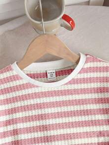 SHEIN 2pcs/Set Tween Girls Pink Striped Drop Shoulder Top And Tie-Waist Shorts, Casual Outfit - Pink - View 3