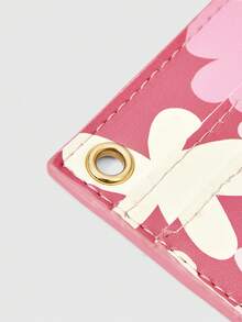 ROMWE Kawaii Rose Red Background Colored Flower Card Bag With Lanyard Hole Design Card Holder, Mini Short Wallet. - Hot Pink - View 3