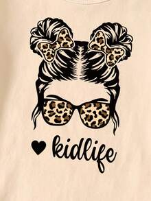 Conjunto de camiseta corta básica y leggings de estilo casual y cómodo para uso diario en primavera, verano y otoño, con diseño de niña con moño, estampado de leopardo, gafas de sol con forma de corazón y eslogan gráfico, adecuado para niñas - Multicolor - Ver 8