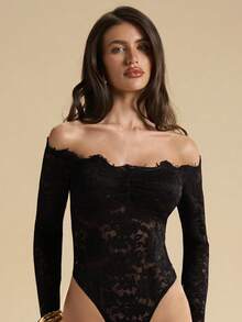 SHEIN BAE Wine Red Off-Shoulder Tight-Fitting Long Lace Sheer Bodysuit, Beach Resort, Outing Wedding Guest Attire, Spring/Summer - Black - View 6