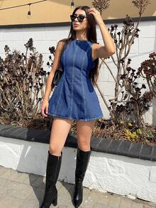 Sexy Backless Denim Mini Dress For Summer - Light Wash - View 6