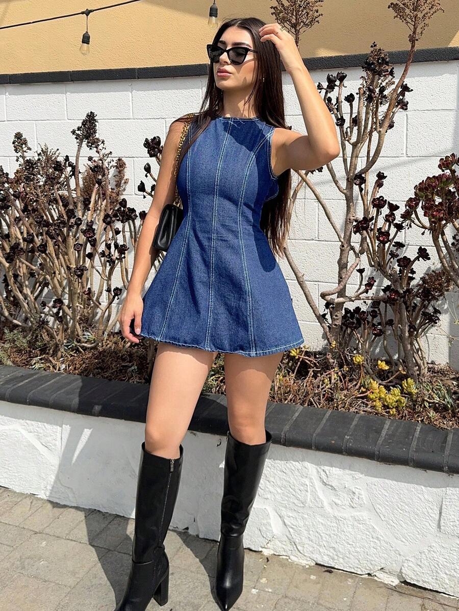 Andrea Bello Women's Solid Color Backless Tie-Knot Casual Sleeveless Denim Dress - Light Wash - View 1