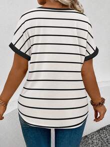 EMERY ROSE New Arrival Plus Size Women's Fashion Casual Versatile Striped Contrast V-Neck Short Sleeve T-Shirt - Multicolor - View 2