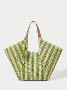 Large Capacity Bohemian Woven Straw Tote Bag With Fringe And Striped And Plain PU Handles For Beach Vacation Summer - Khaki - View 3