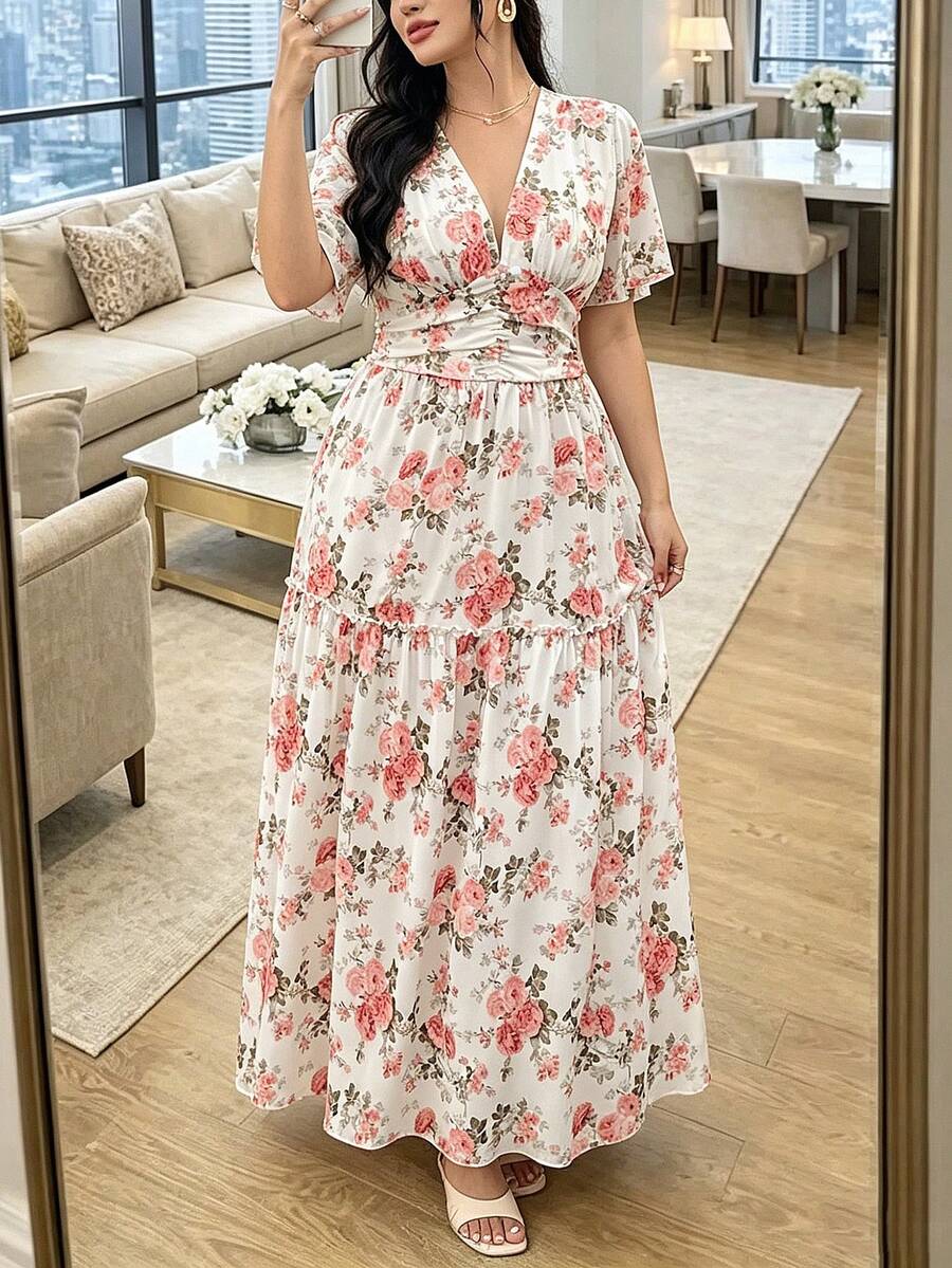 Modelyn Plus Size Floral Print Waist Cinched Dress, Casual Elegant Holiday Wear, Spring/Summer - Apricot - View 1