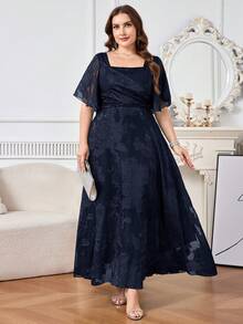 Reflora Plus Size Women's Square Neck Ruffle Sleeve Elegant Dress - Navy Blue - View 4