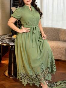 Modelyn Đầm chữ A thanh lịch, màu trơn, chất liệu chiffon, dáng suông, xếp tầng, có bèo nhún, cỡ lớn. - xanh quân đội - Xem 5