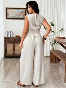 Weeklong Plus Size Women's Deep Shirred Sleeveless Bow Tie Waist Jumpsuit With Pockets, Comfortable For Outings And Vacation Vacation Beige Summer - Apricot - View 2