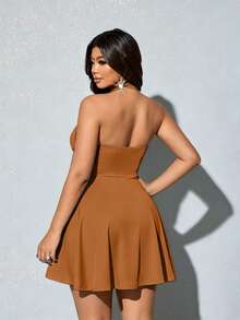 Viva Relle Plus Size Women's Fashionable Halter Neck Ruffle Hem Dress - Khaki - View 2