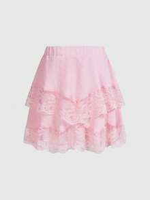 ROMWE Fairycore Women's Elastic Waist Contrast Lace Ruffle Hem Mini Skirt - Pink - View 2